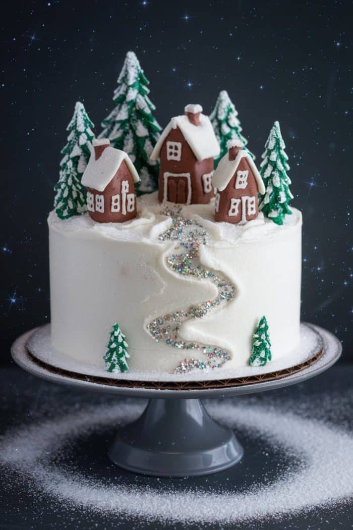 A beautifully decorated cake featuring snowy gingerbread houses and pine trees on top. The cake is frosted white, with a glittering candy path winding down. It sits on a dark cake stand against a starry background, with sugar sprinkled around.
