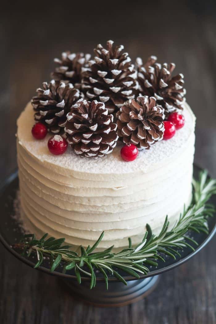 A frosted cake topped with pine cones and red berries, sprinkled with powdered sugar. The cake is placed on a dark plate with rosemary garnishing the base, against a rustic wooden background.