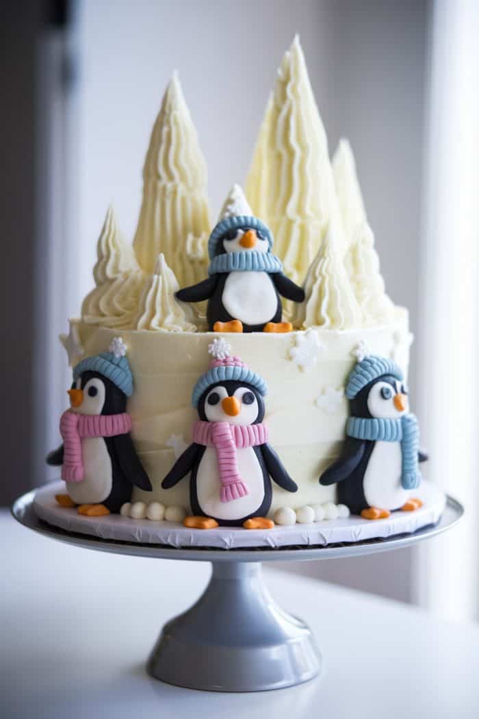 A cake decorated with three fondant penguins wearing winter hats and scarves, standing around the base. The cake has white frosting with pointed peaks resembling snowy mountains. It's displayed on a silver cake stand.