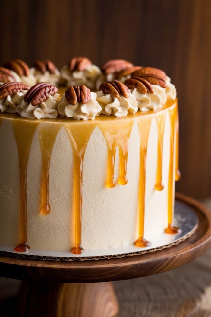 A caramel-drizzled cake topped with swirls of cream and pecans sits on a wooden cake stand. The caramel drips elegantly down the sides, adding a rich contrast to the smooth frosting.