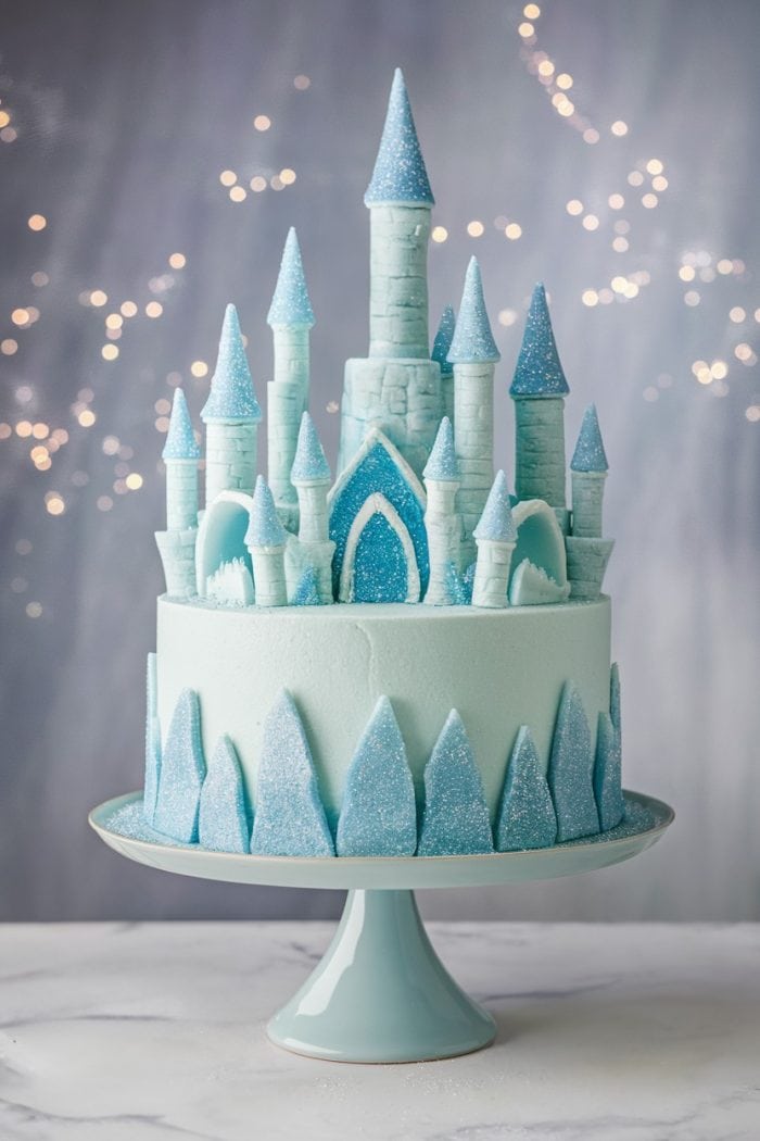A whimsical castle cake with towers made from blue and teal icing, topped with sugar crystals, resembling a fairy tale castle. It sits on a pale blue cake stand with a blurred background of twinkling lights.