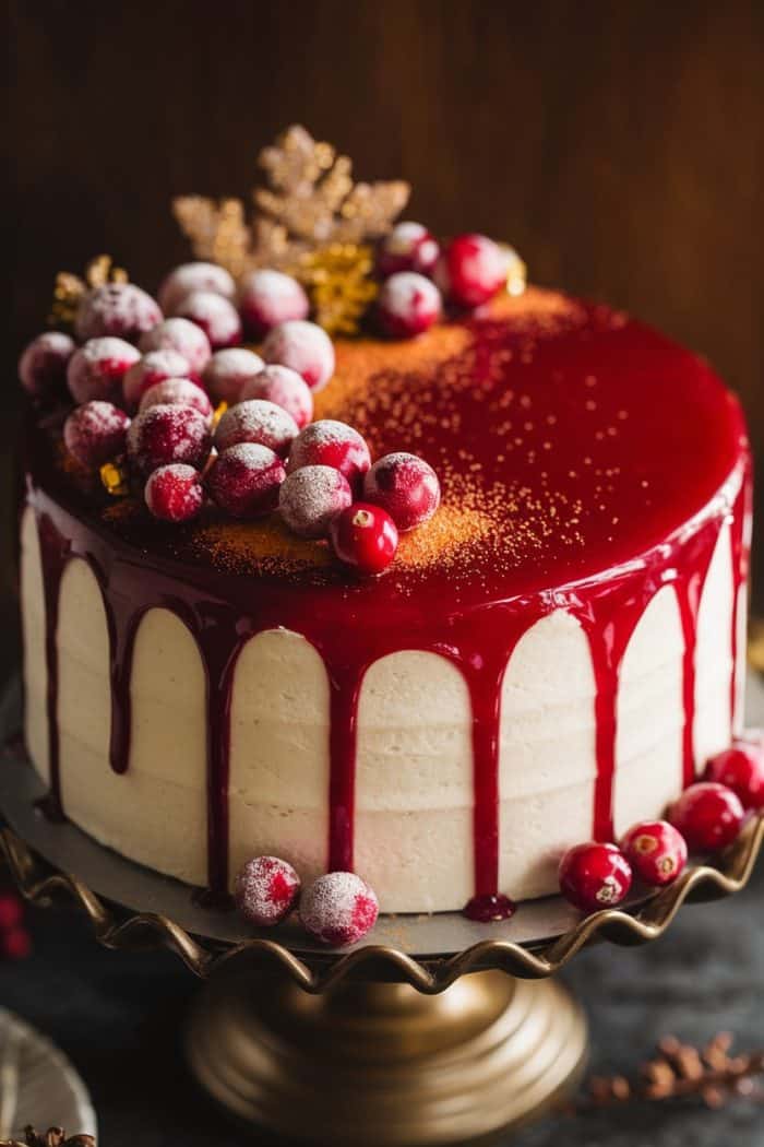 A festive cake with white frosting is topped with a glossy red glaze dripping down the sides. It is adorned with sugared cranberries and decorative gold leaves, elegantly presented on a decorative cake stand.