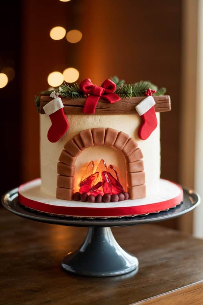 A festive cake designed to look like a cozy fireplace, adorned with two red stockings and a red bow. The cake features a simulated glowing fire with logs, set against a blurred background of warm, glowing lights.