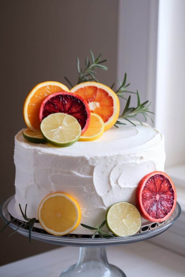 A frosted cake topped with slices of orange, blood orange, and lime, garnished with rosemary sprigs. More citrus slices are arranged at the base. The cake is displayed on a glass stand near a window.