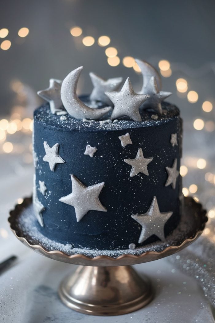A navy blue cake decorated with silver stars and crescent moons sits on a bronze cake stand. The background is blurred with soft, twinkling lights, creating a dreamy, celestial atmosphere.