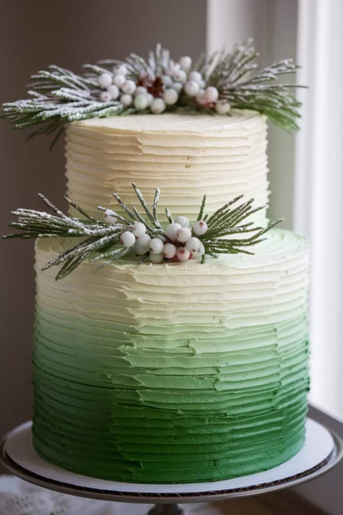 A two-tiered cake with textured buttercream frosting in gradient shades of green to white. It is decorated with frosted pine branches and white berries, giving it a wintery, festive appearance. The cake is placed by a sunlit window.