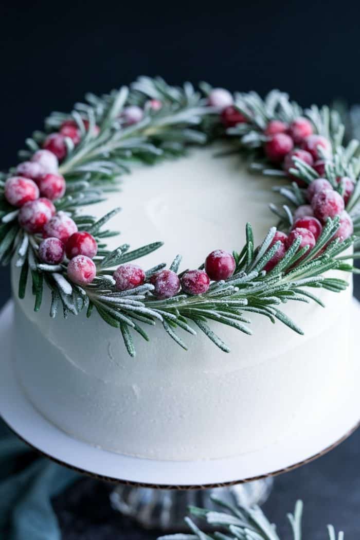 A white frosted cake decorated with a wreath made of sugared cranberries and rosemary sprigs, giving a festive, winter-like appearance. It is displayed on a white cake stand against a dark background.