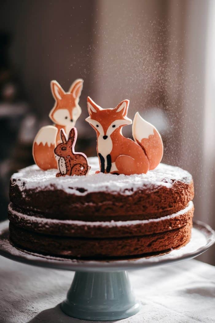A chocolate cake topped with powdered sugar, featuring decorated cookies of a fox, another smaller fox, and a rabbit. The cookies are standing upright on the cake, with light and shadow creating a cozy atmosphere.