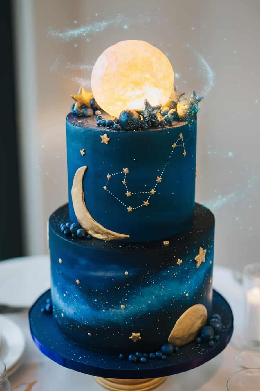 A two-tiered cake with a celestial theme features a glowing moon on top, surrounded by stars and a constellation design. The cake is decorated in deep blue tones with gold accents, resembling a night sky filled with stars.