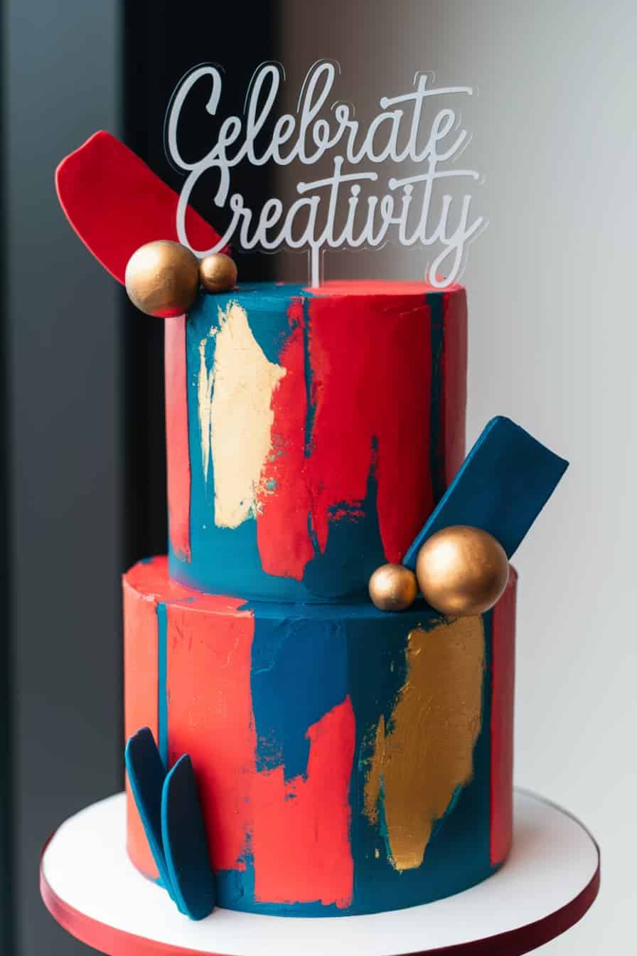A two-tiered cake with abstract red, blue, and gold designs. Topped with a "Celebrate Creativity" sign and adorned with spherical and elongated geometric decorations in gold and navy.