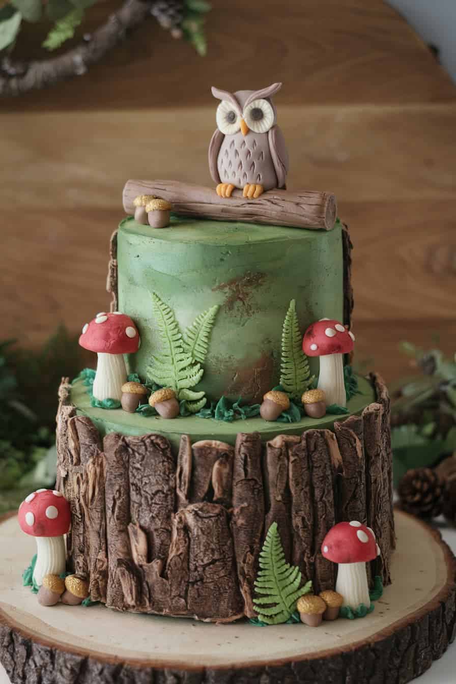 A two-tiered woodland-themed cake with a green top tier featuring an owl figure, mushrooms, ferns, and acorns. The bottom tier is textured to resemble tree bark. The cake rests on a wooden slab with a natural, rustic setting in the background.