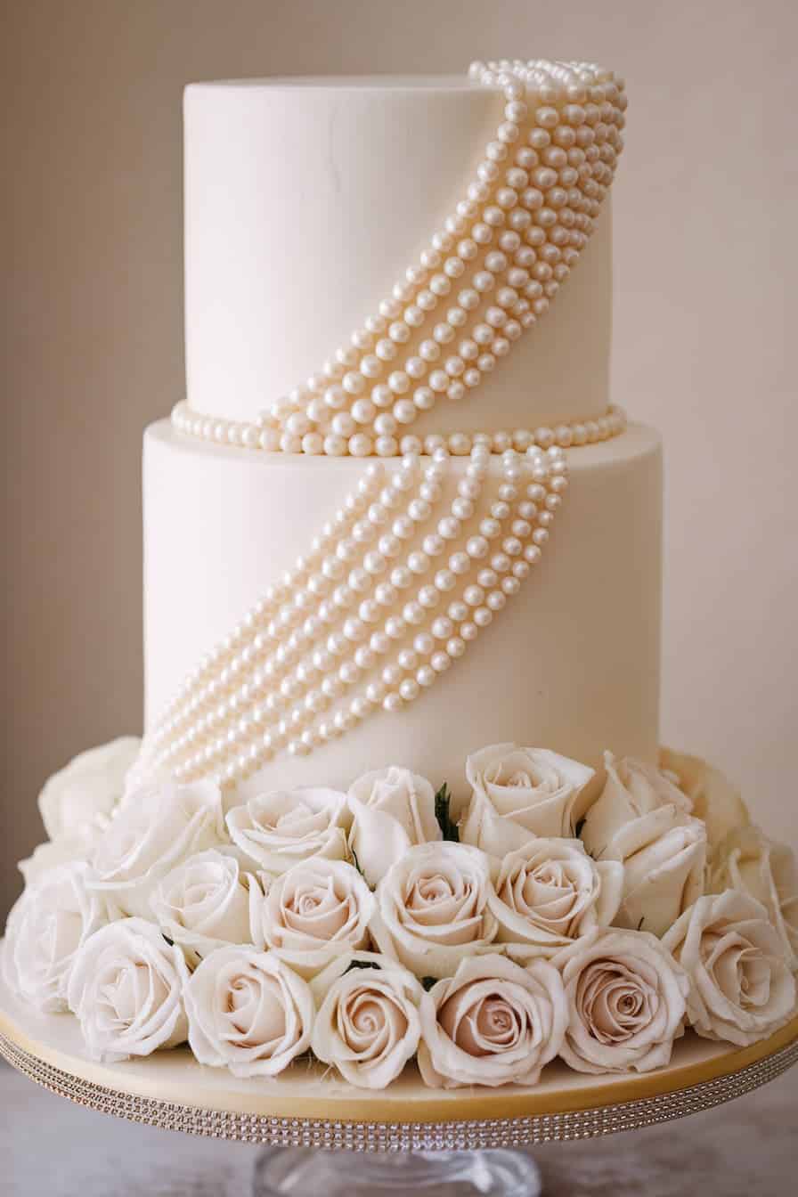 A two-tiered white cake adorned with cascading pearl strands. The base is surrounded by a ring of elegant white roses, and the cake is displayed on a sparkling stand. The overall look is classic and sophisticated.