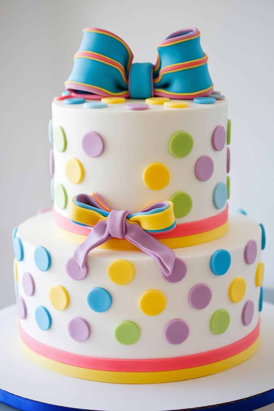 A two-tiered cake decorated with colorful fondant polka dots in yellow, green, blue, and purple. Each tier is adorned with a pink, blue, and yellow striped ribbon, topped with an elaborate fondant bow.
