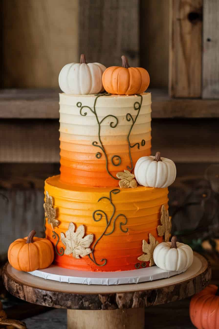A two-tiered cake with orange ombre frosting, decorated with small orange and white pumpkins, gold leaves, and green vine details. It's displayed on a rustic wooden stand.