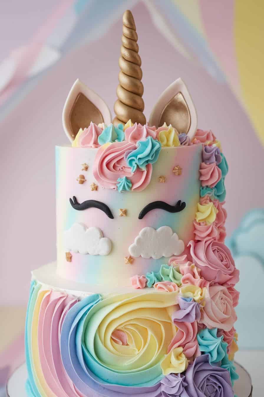 A whimsical unicorn cake decorated with a gold horn, ears, closed eyes, and clouds. It features pastel rainbow colors and flowers in pink, blue, and yellow, creating a dreamy and magical appearance.