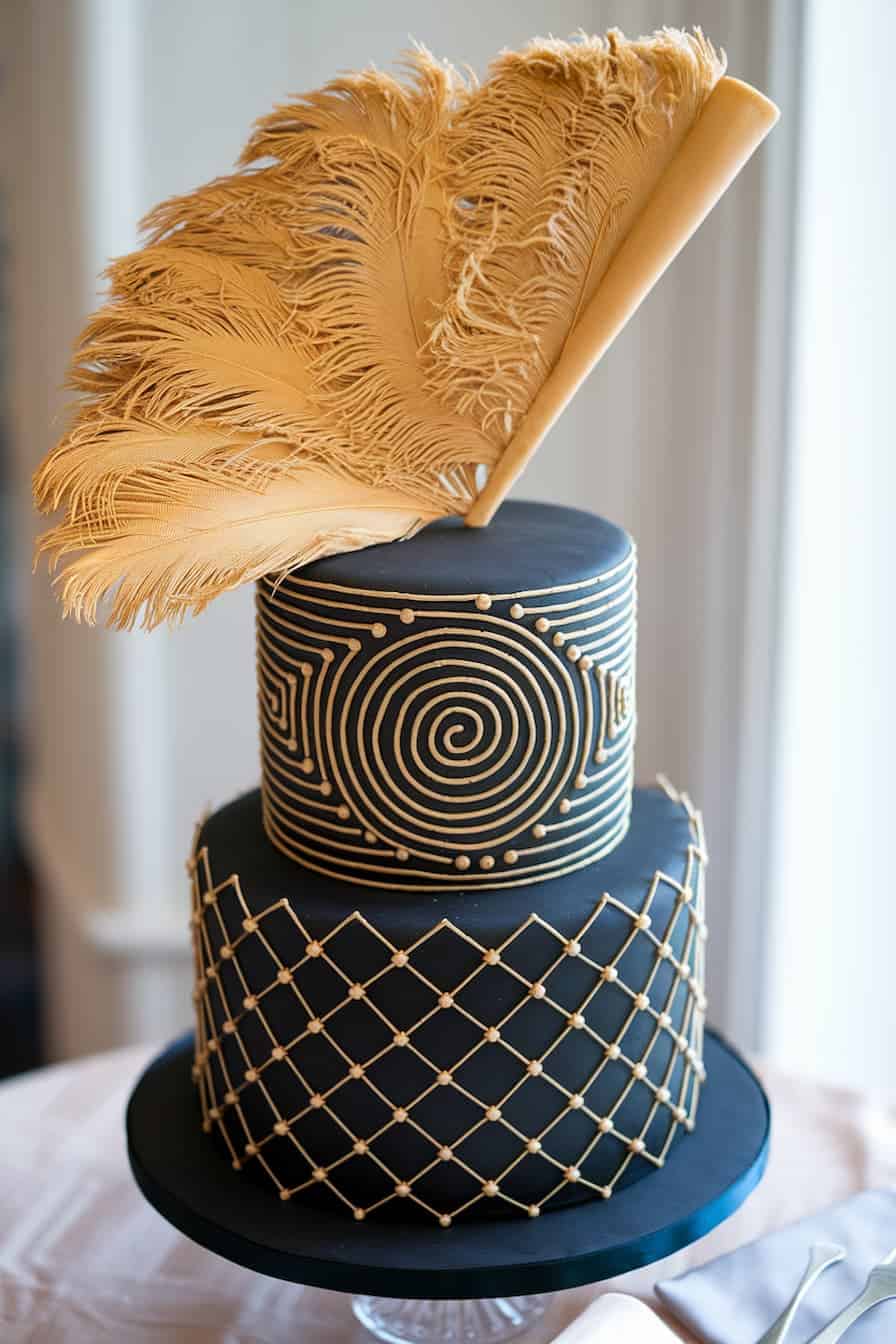 A two-tier black cake with intricate gold designs. The top layer has circular patterns, and the bottom features a diamond lattice. The cake is topped with a tall, gold feather decoration, adding a dramatic flair.