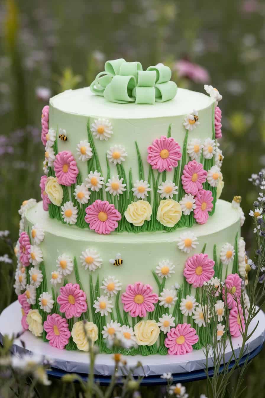 Two-tier cake with light green frosting, adorned with pink daisies, yellow roses, and white daisies. Bees are scattered among the flowers. A green ribbon decorates the top. The cake is set in a field of wildflowers.