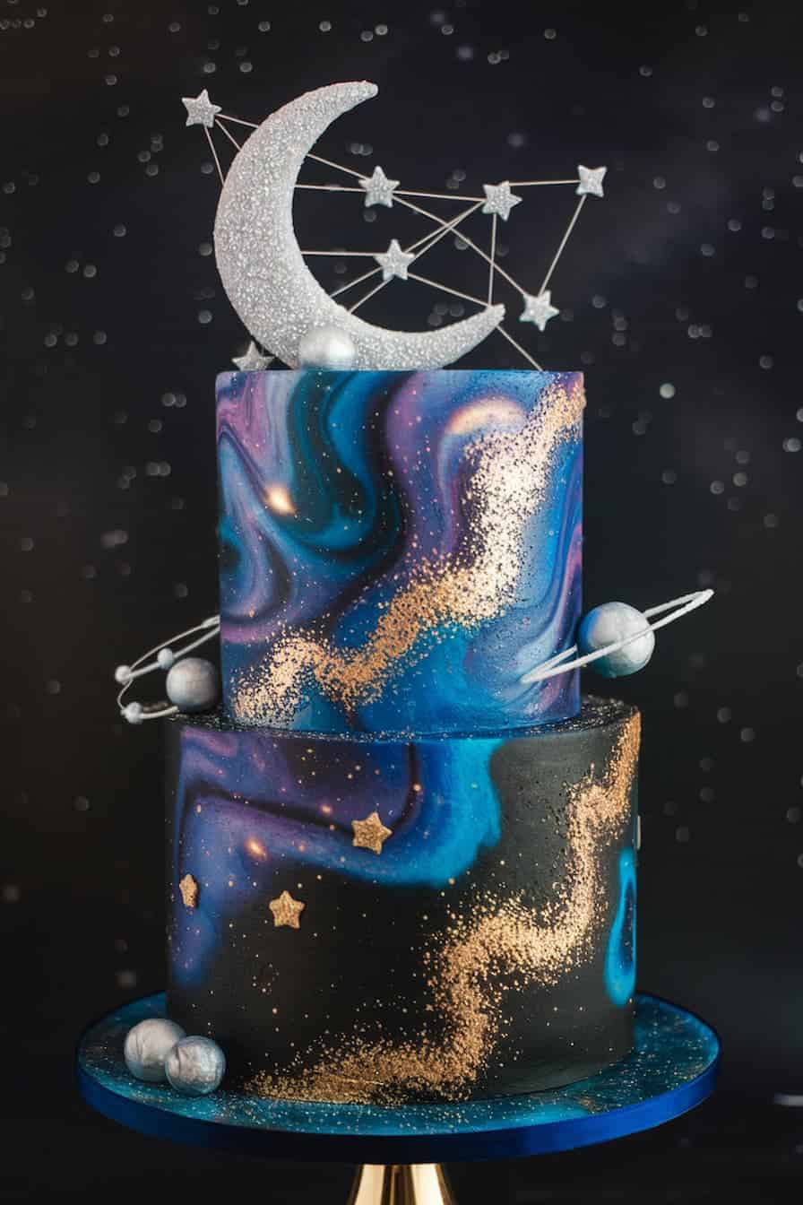 A two-tiered galaxy-themed cake with swirling blue, purple, and black colors, decorated with gold stars and glitter accents. A silver crescent moon and starry constellation topper sits on top, with edible planets orbiting the sides.