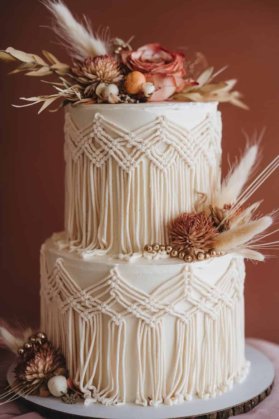 A two-tiered white cake decorated with intricate, cream-colored piping in a boho style. It features dried flowers, grasses, and berries in shades of pink, beige, and brown, set against a warm, brown background.