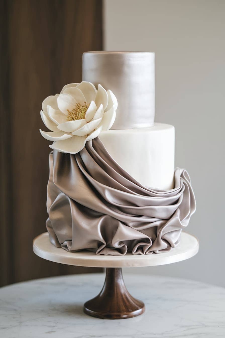 Three-tiered cake with a metallic finish. The middle layer is draped in realistic silver-gray fondant fabric and topped with a large white flower. The cake sits on a wooden stand.