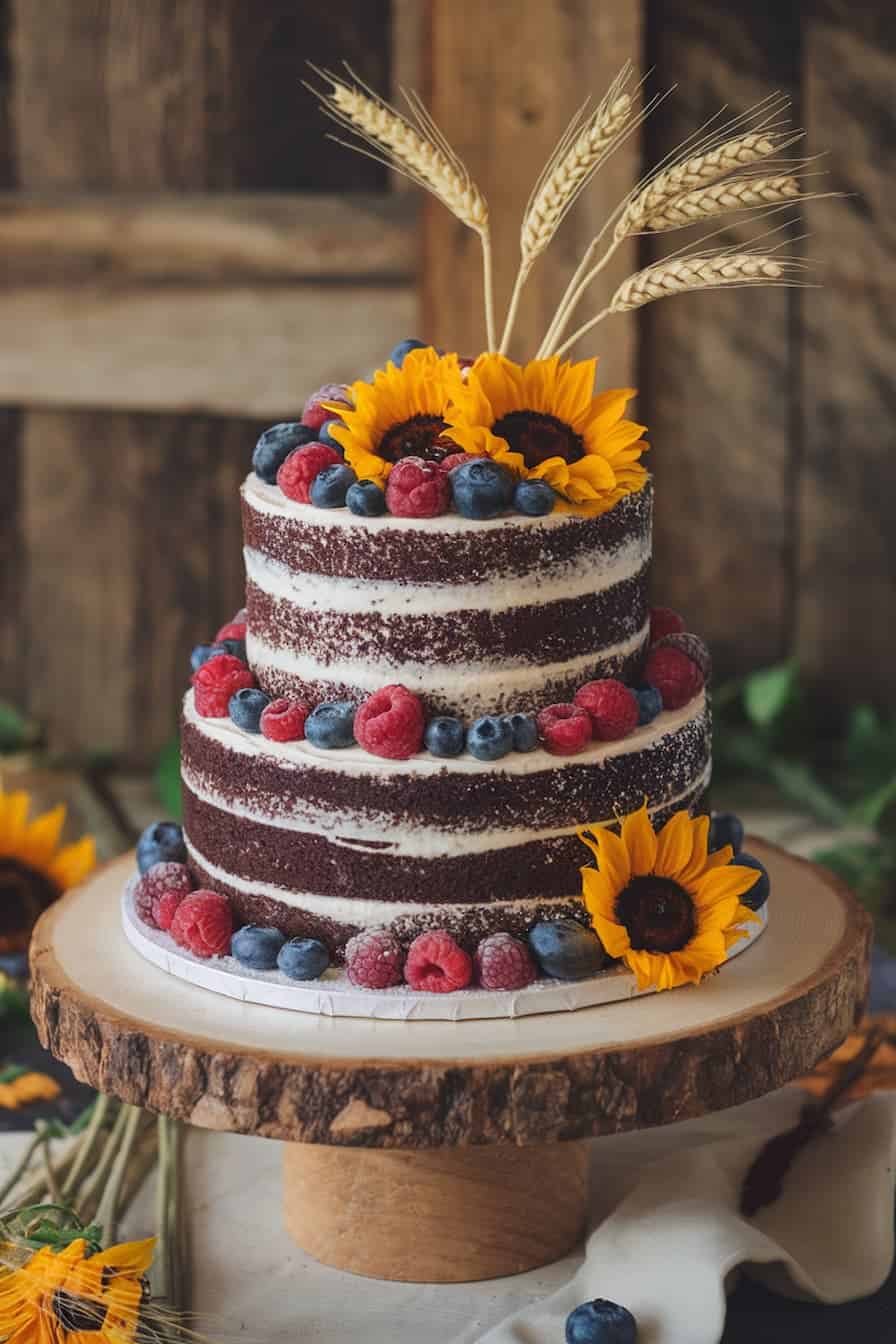 A two-tiered naked cake adorned with fresh raspberries, blueberries, and sunflowers. The cake is displayed on a wooden stand with a rustic, wooden background and decorated with wheat stalks.