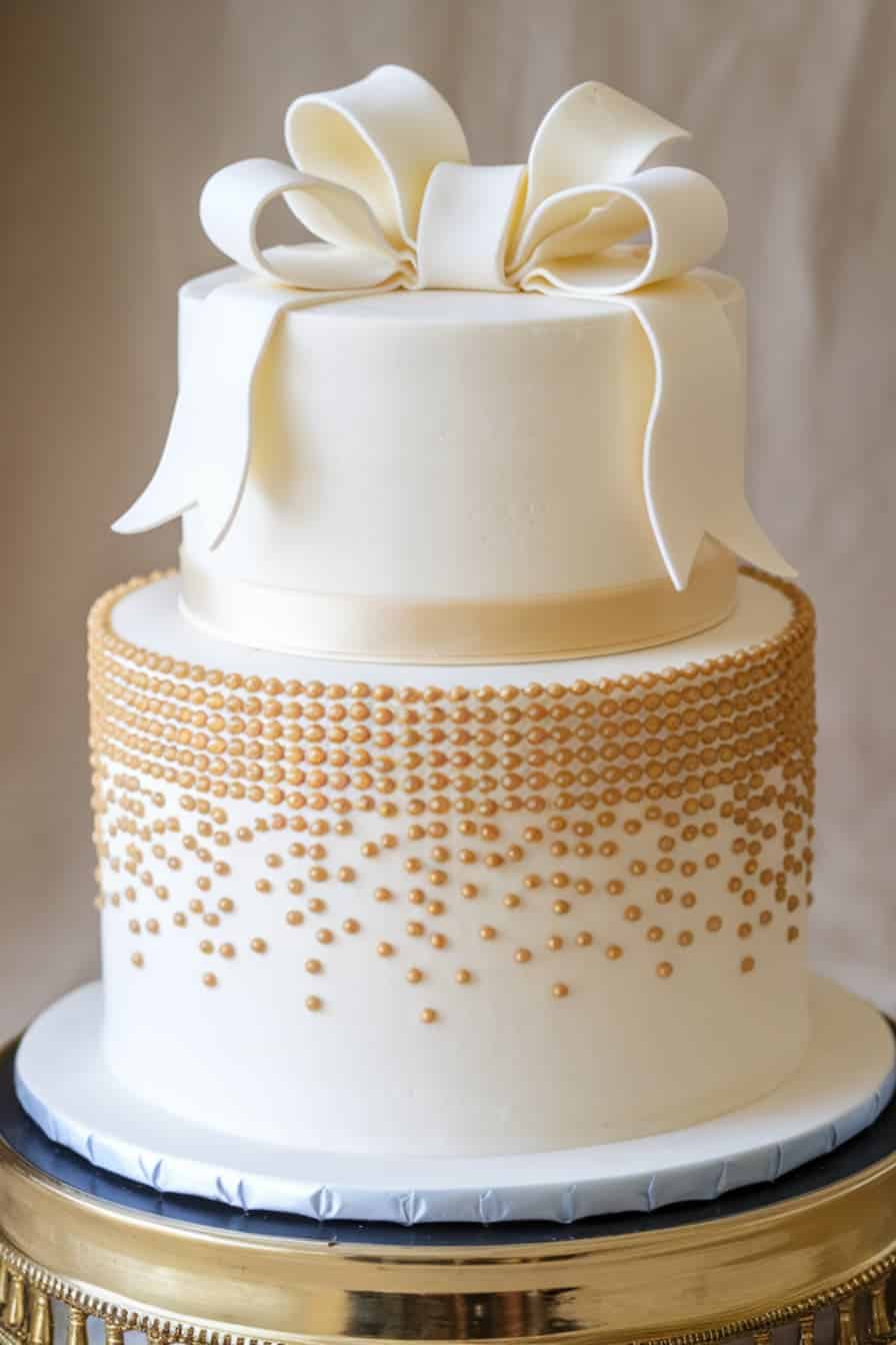 A two-tiered white cake adorned with a large bow on top. The lower tier features a decorative pattern of gold pearls cascading down. The cake sits on a gold and blue base.