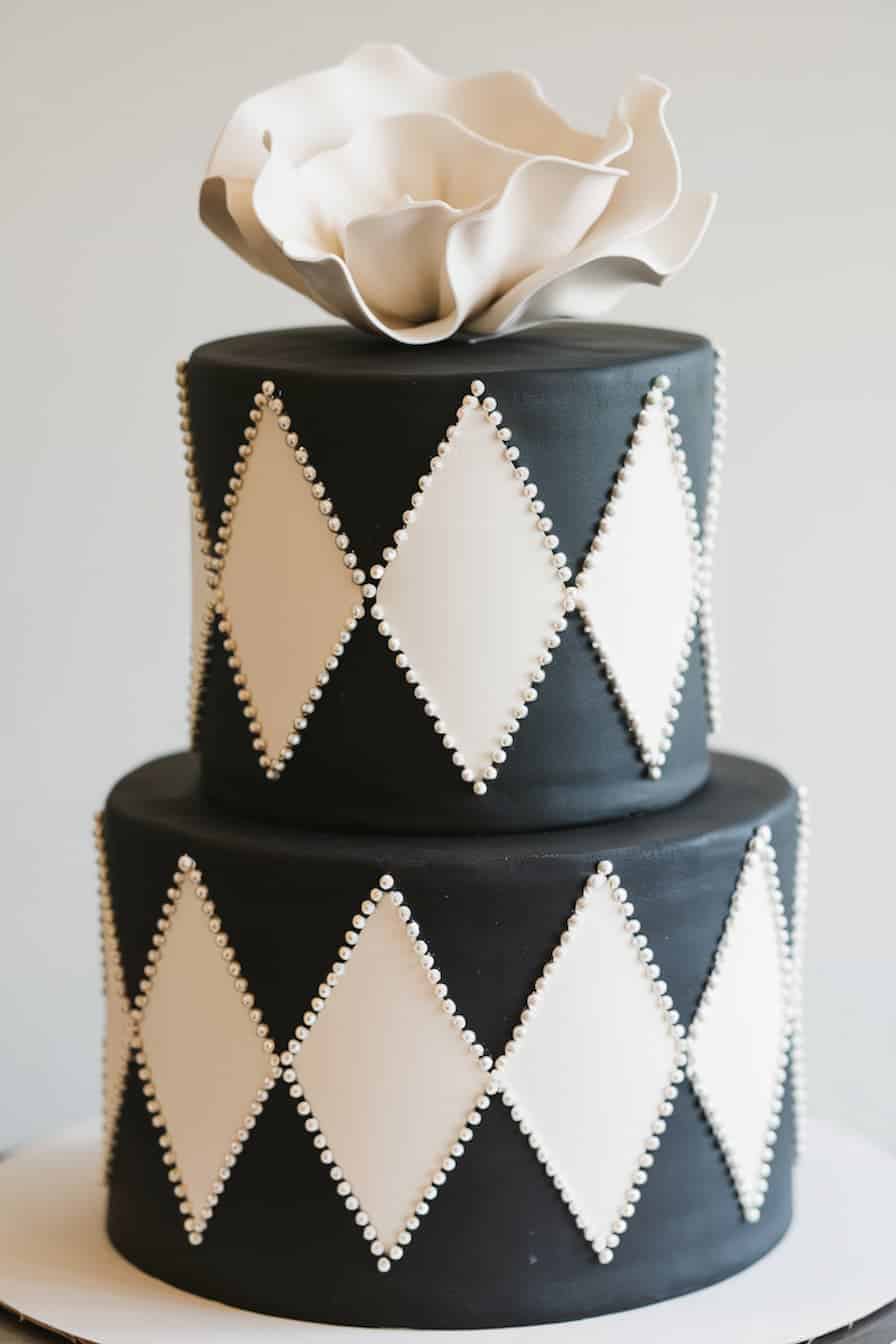 A two-tiered black cake features diamond-shaped white fondant decorations edged with silver beads. Topping the cake is a large, elegant white flower.