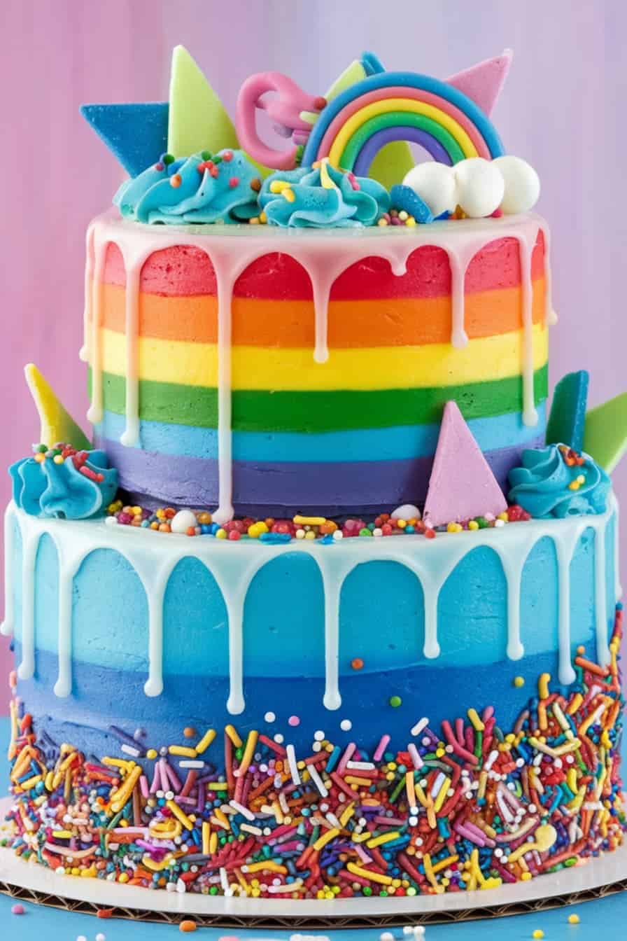 A vibrant two-tier cake with colorful layers and white drip icing. The top has a rainbow design and pastel geometric shapes, while the bottom features a sprinkle-covered layer. Decorated with swirls of blue frosting.