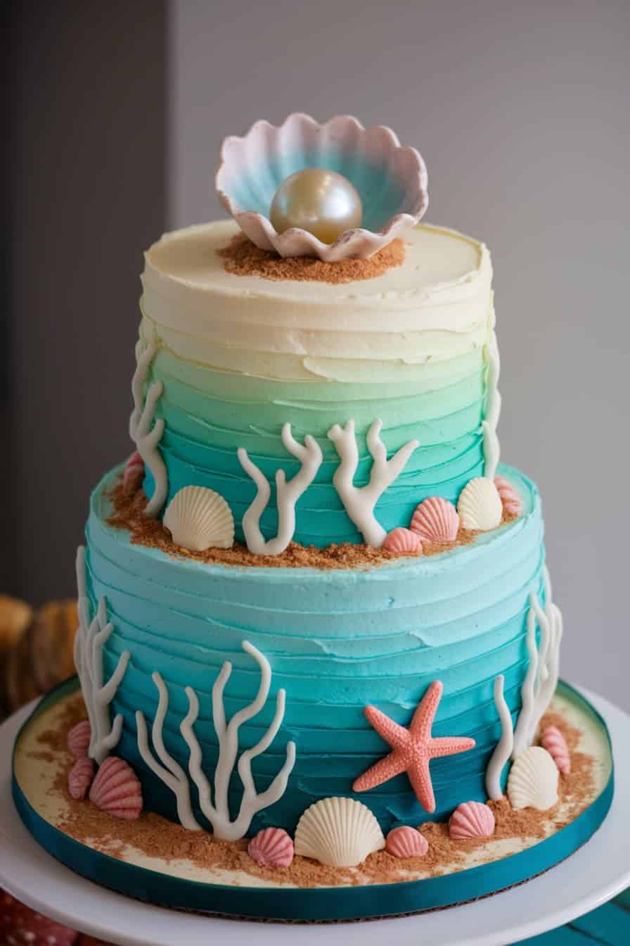 A two-tiered ocean-themed cake with blue ombre frosting, decorated with edible coral, seashells, and a starfish. A fondant oyster shell with a pearl sits on top, surrounded by crumbled cookie "sand.