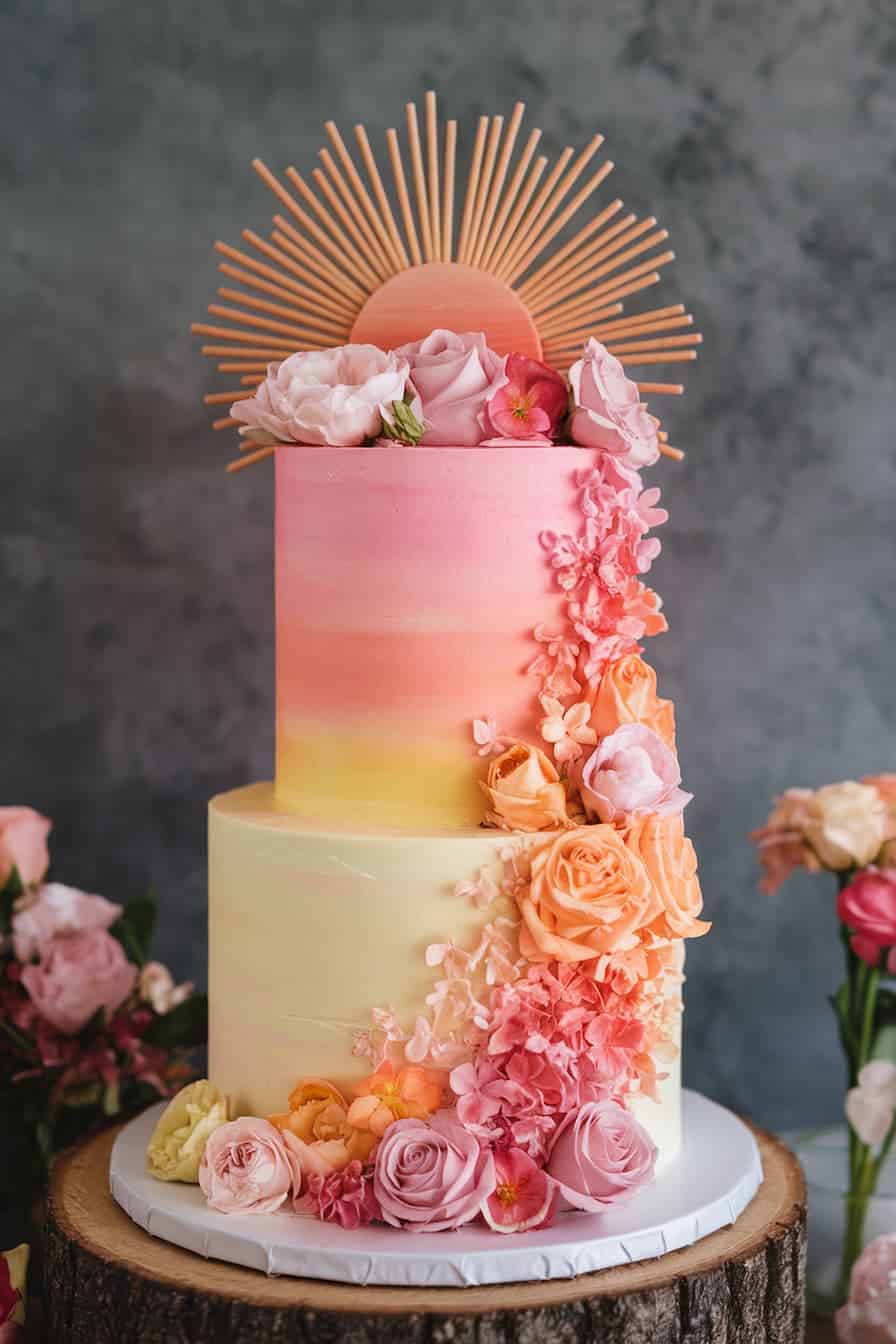 A two-tier cake with pink, orange, and yellow ombre frosting is adorned with various flowers. Atop the cake is a circular decoration with radiating spokes, resembling a sunburst. The cake sits on a wooden slab, surrounded by more flowers.