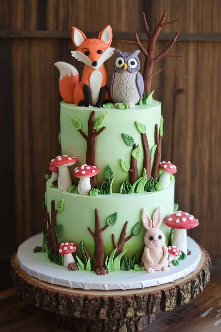 A two-tiered cake with a woodland theme, featuring fondant decorations: a fox, owl, and trees on top, mushrooms around the sides, and a sitting rabbit at the base. The cake is set on a wooden stand.