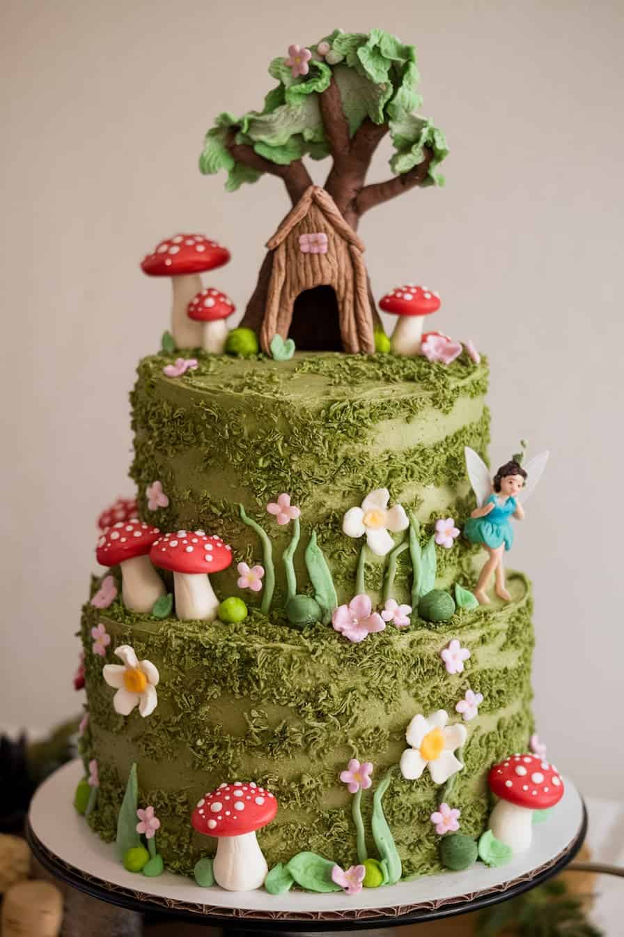 A whimsical fairy-themed cake with two tiers covered in green frosting, adorned with edible red and white mushrooms, flowers, and a fondant fairy figurine. The top features a small brown house beneath a tree.