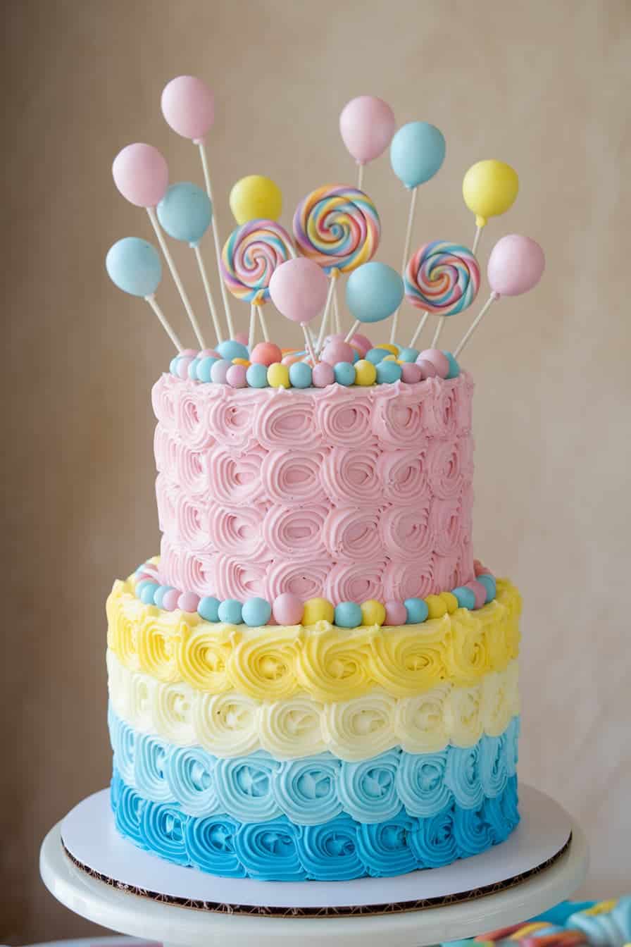A two-tier cake decorated with pink, yellow, and blue rosette frosting. The top tier is pink and adorned with multicolored lollipop cake pops, while the bottom tier features yellow and blue layers. Colorful candies border each layer.