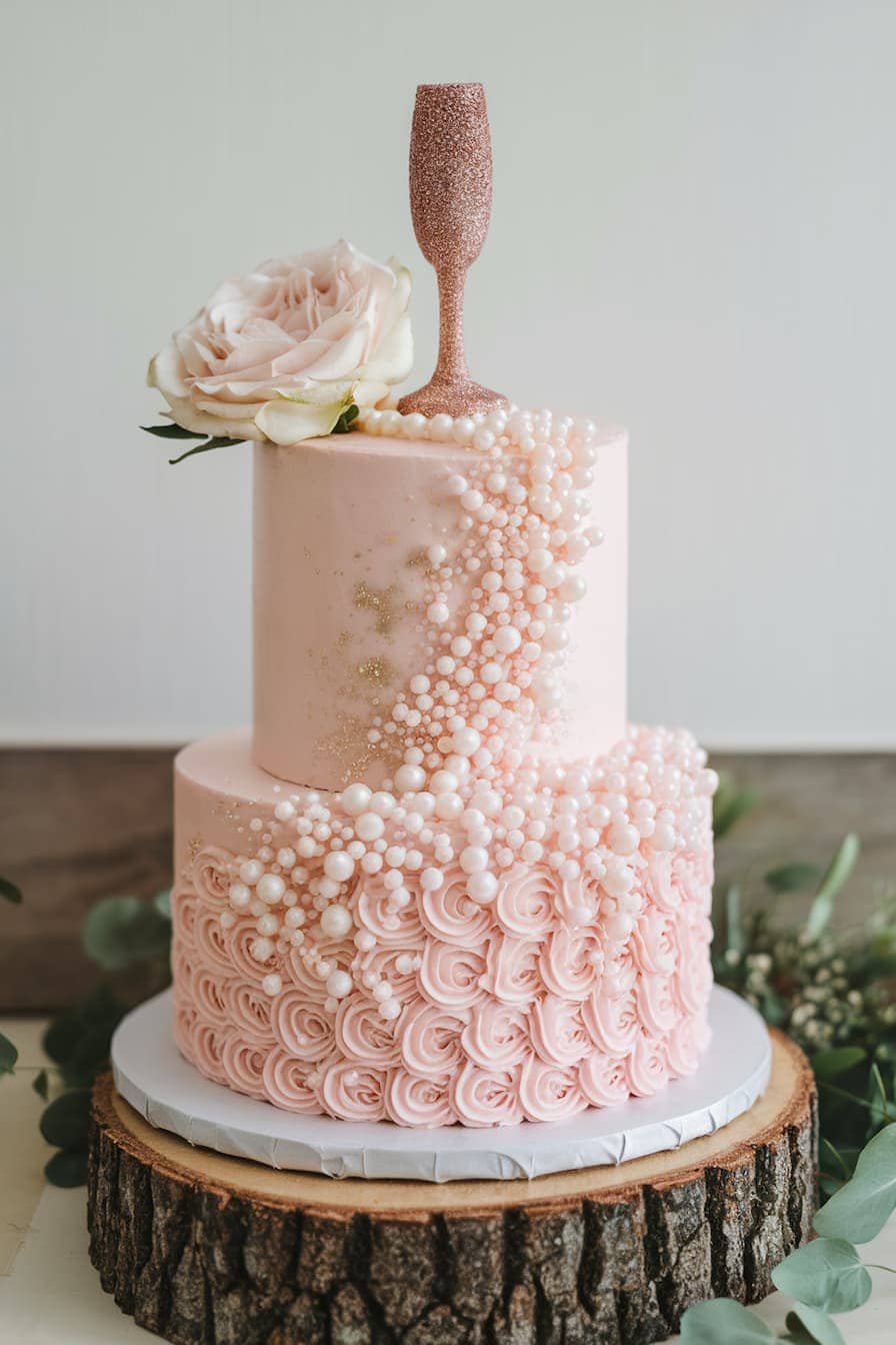 A two-tiered pink cake with pearl-like decorations and rose patterns. A pink glittery champagne flute and a white rose accent the top. The cake is displayed on a wooden slice. Greenery surrounds the base for added decoration.