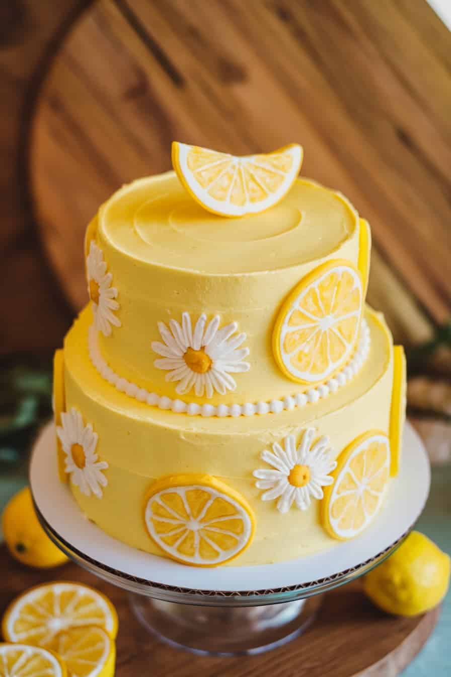 A two-tiered yellow cake with lemon slices and white daisy decorations. A slice of lemon is on top. The cake sits on a stand with wooden boards and lemons in the background.