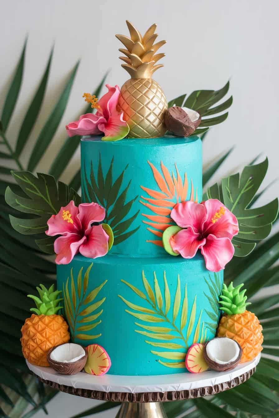 A two-tiered tropical-themed cake with teal icing, decorated with edible gold pineapples, pink hibiscus flowers, coconut halves, and green leaves. The cake is set against a backdrop of large tropical leaves.