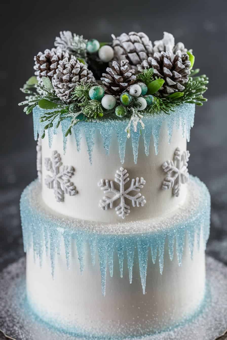 A two-tier winter-themed cake with blue icing and white snowflake decorations. The top is adorned with frosted pinecones, green berries, and evergreen sprigs, dusted with powdered sugar.