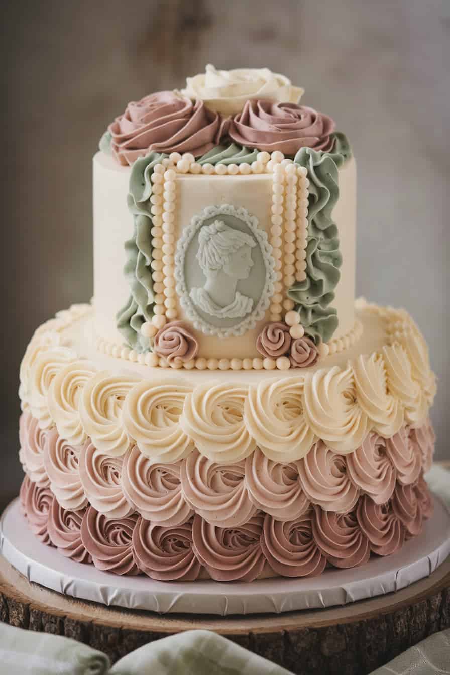 A two-tiered cake decorated with intricate pastel buttercream swirls in pink, cream, and sage green. The top tier features a cameo-style design with pearls, and the cake sits on a rustic wooden base.