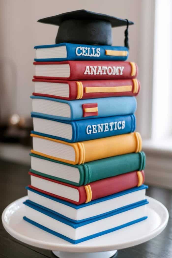 A cake designed to look like a tall stack of biology textbooks, including titles like "Cells," "Anatomy," and "Genetics." A black graduation cap sits on top, all on a white cake stand.