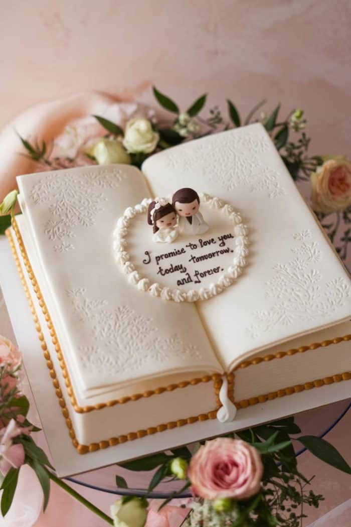 A wedding cake shaped like an open book, adorned with floral patterns and surrounded by roses. It features two figures on top and a message: "I promise to love you today, tomorrow, and forever.