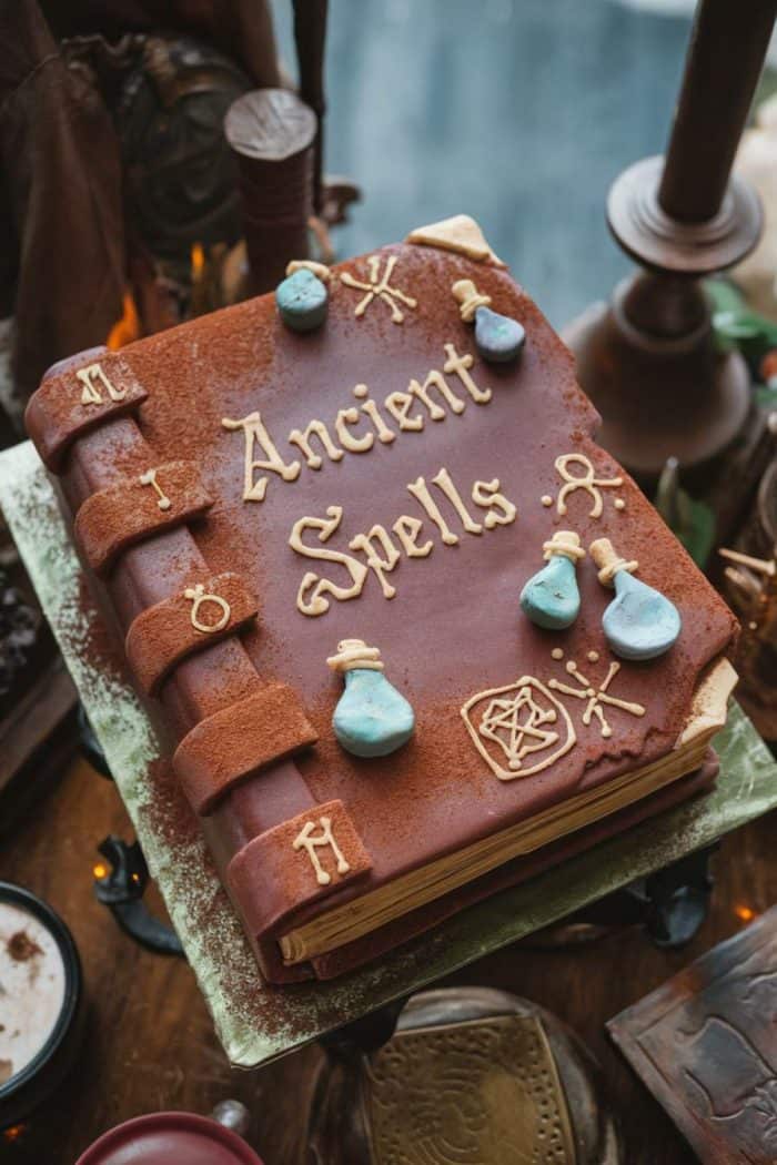A cake designed to look like an ancient spellbook, featuring intricate chocolate detailing, edible potion bottles, and mystical symbols. The cover reads "Ancient Spells" in golden letters. The cake is set on a wooden table.