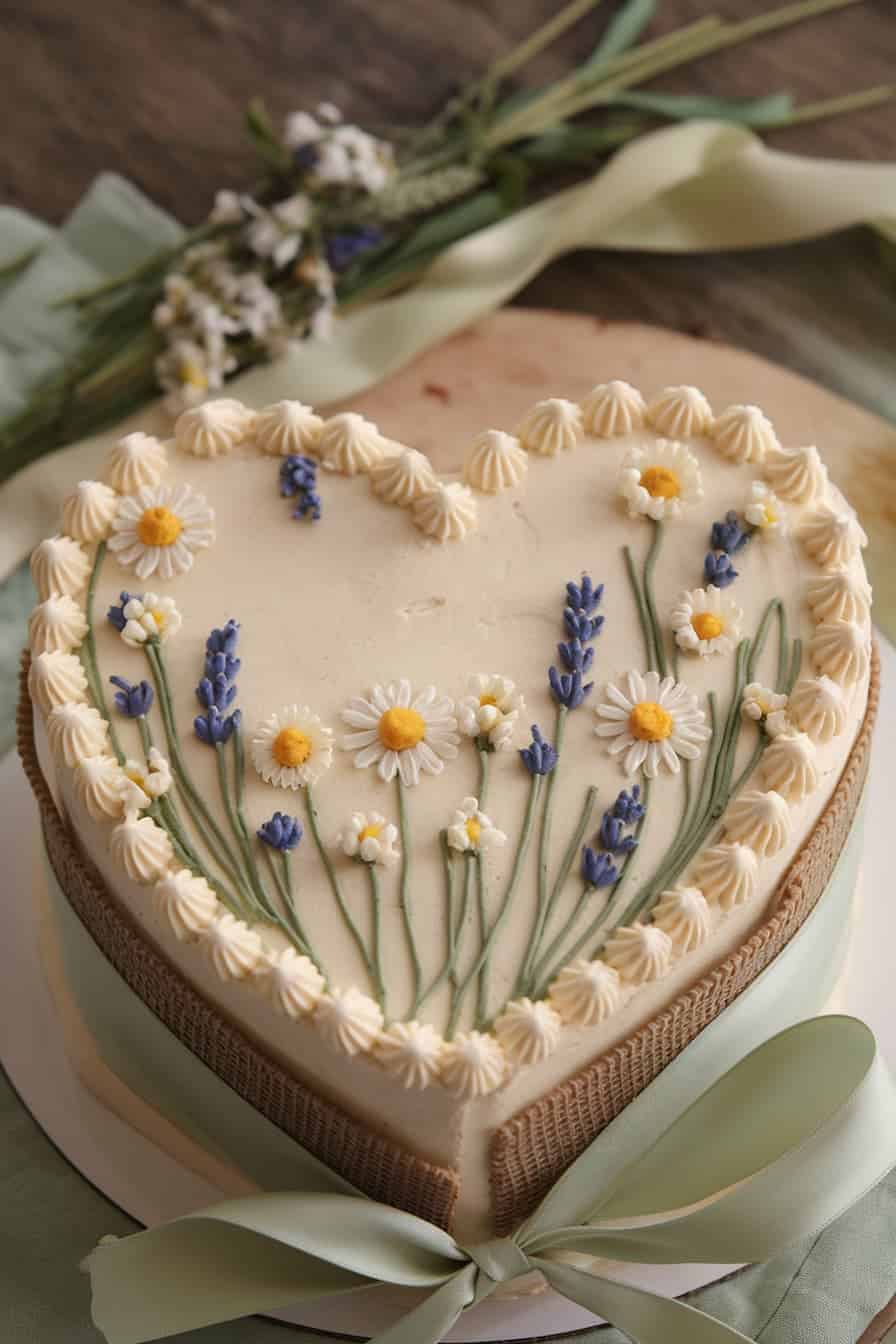 A heart-shaped cake adorned with white and yellow daisies, and purple flowers piped on top. The cake has a decorative border and is placed on a green ribbon, with a bouquet of flowers in the background.