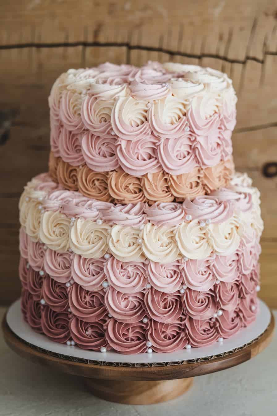 Two-tiered cake decorated with gradient pink and white rose-shaped frosting swirls, topped with small edible pearls, displayed on a wooden cake stand against a rustic background.