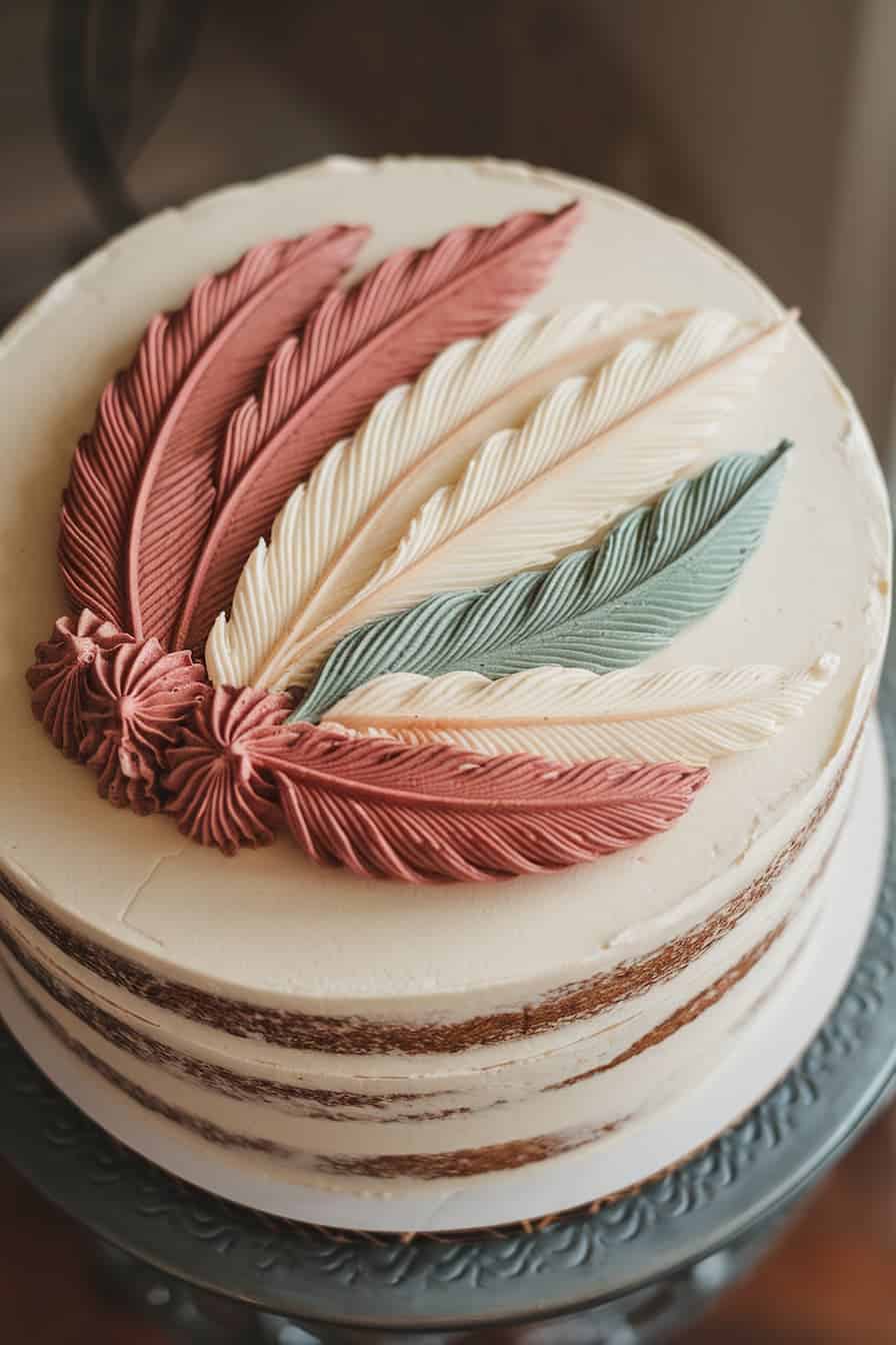 A round cake decorated with layered frosting. The surface features a detailed feather design in shades of red, cream, and green. The cake is placed on a decorative cake stand.