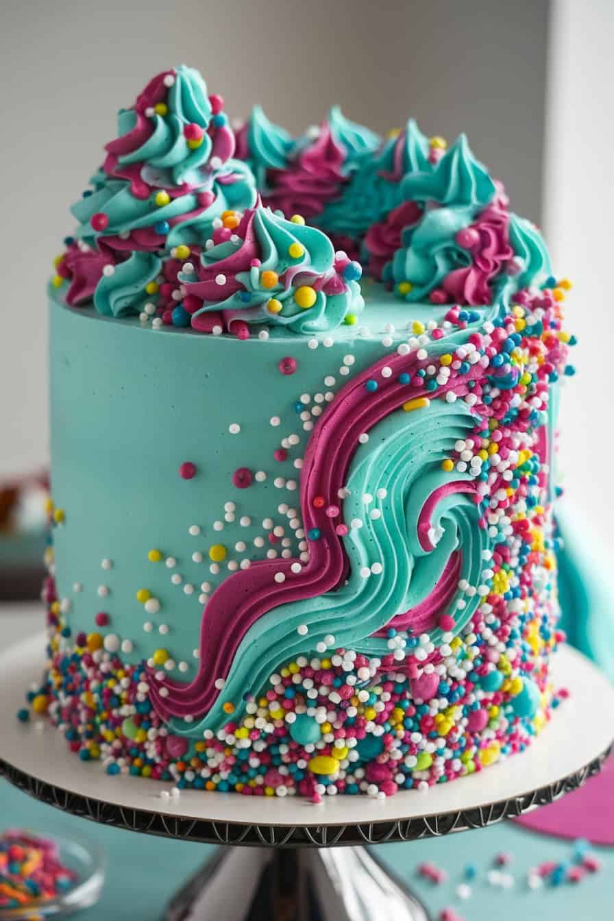 A vibrant cake decorated with blue and magenta frosting swirls, covered with colorful sprinkles. The design features dynamic wave patterns, adding a playful, artistic touch. The cake sits on a reflective stand.