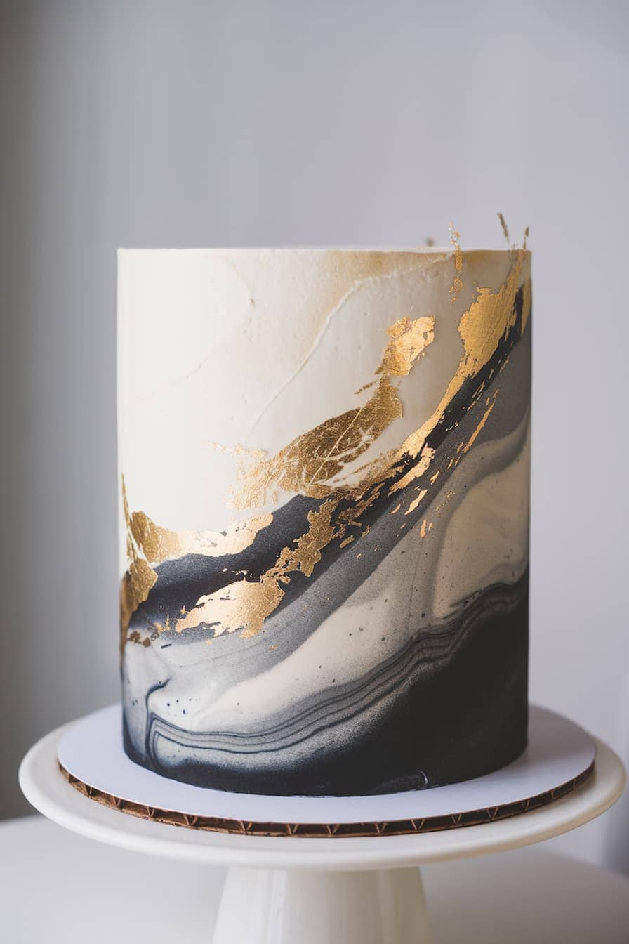 A tall, elegant cake with marble-like black and white swirls and gold leaf embellishments on the side. The cake sits on a white stand, highlighting its artistic design.