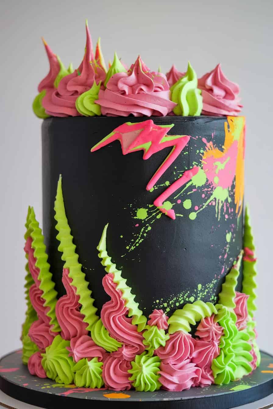 A colorful cake with a black frosting base, adorned with bright pink and green icing spikes and swirls. The cake features vibrant neon paint splatters and a jagged zigzag decoration on the top.
