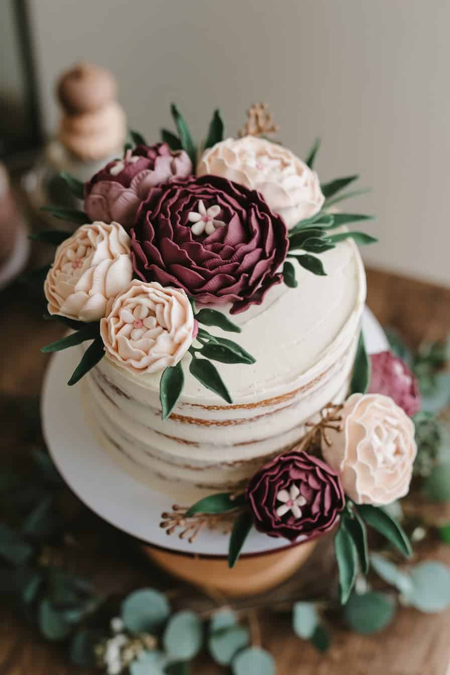 A rustic, semi-naked frosted cake adorned with intricate burgundy and cream floral decorations and leaves. The cake is displayed on a white stand, set on a wooden table with scattered greenery in the background.