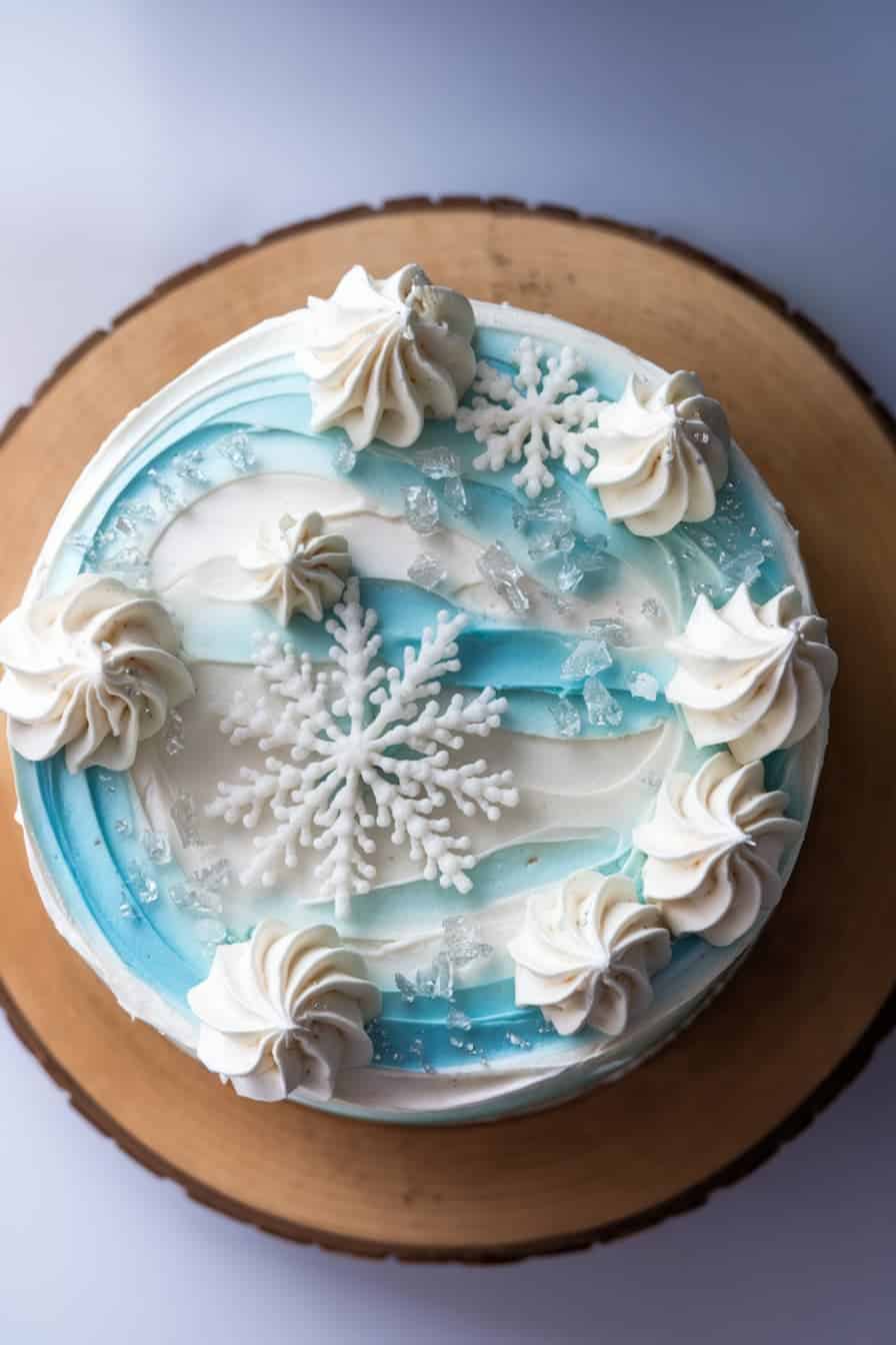 A round cake on a wooden platter, decorated with white and blue buttercream swirls. It is topped with white buttercream rosettes, sugar snowflakes, and clear sugar crystals, creating a winter-themed design.
