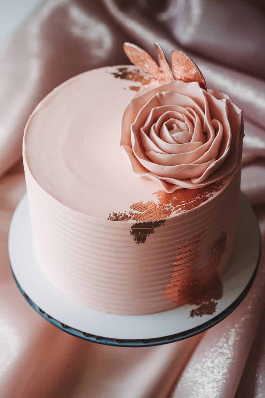 A round, pink cake decorated with a large rose-shaped flower and bronze accents on top. The cake has a textured pattern on the sides and is set on a white platter against a shimmering fabric background.